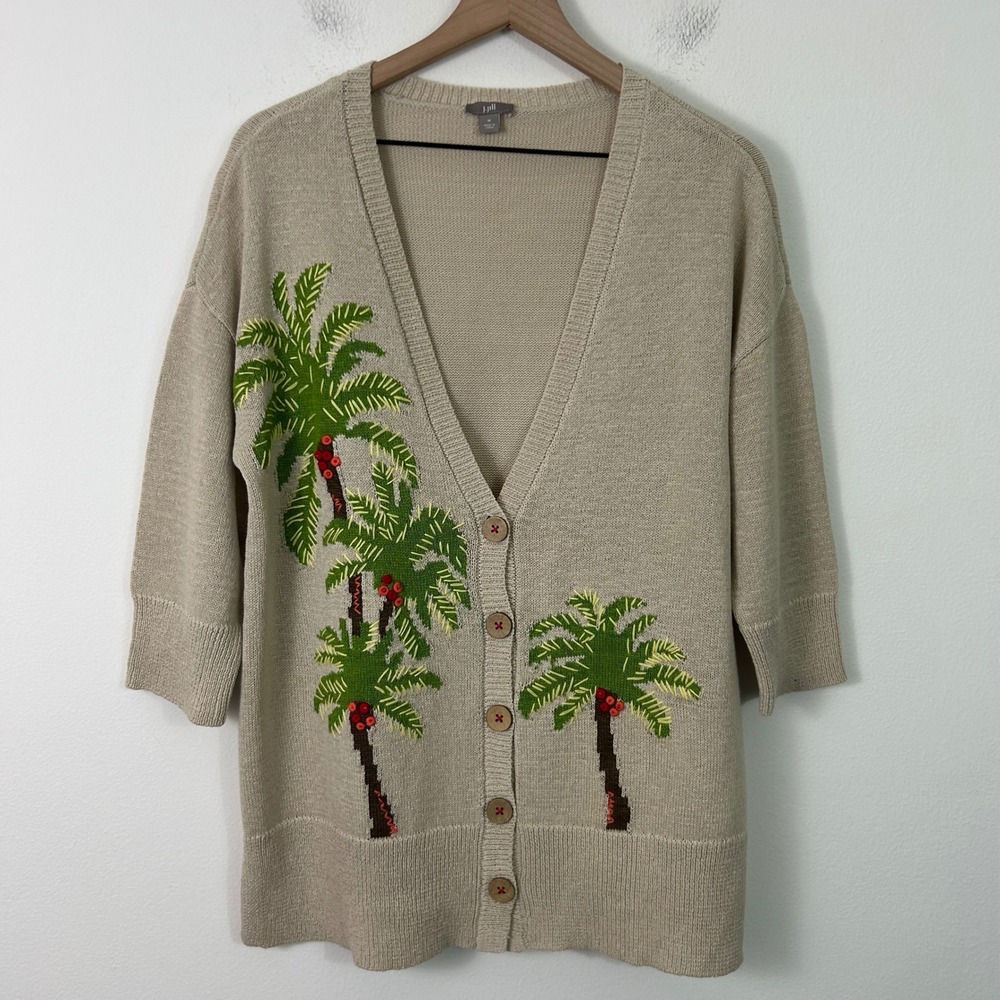J. Jill Womens Cardigan Size M‎ Embroidered Linen Blend Beige 3/4 Sleeve